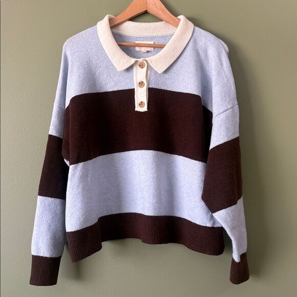 Lucky Brand Cloud Soft Rugby Polo Sweater Striped Brown Blow Collar Sz XXL - Picture 2 of 4